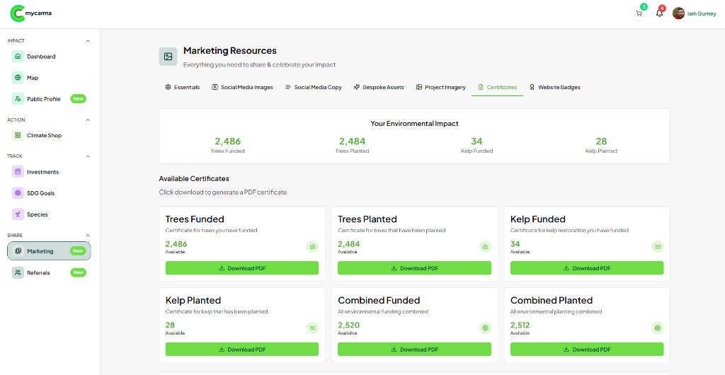Downloadable Carma impact certificates